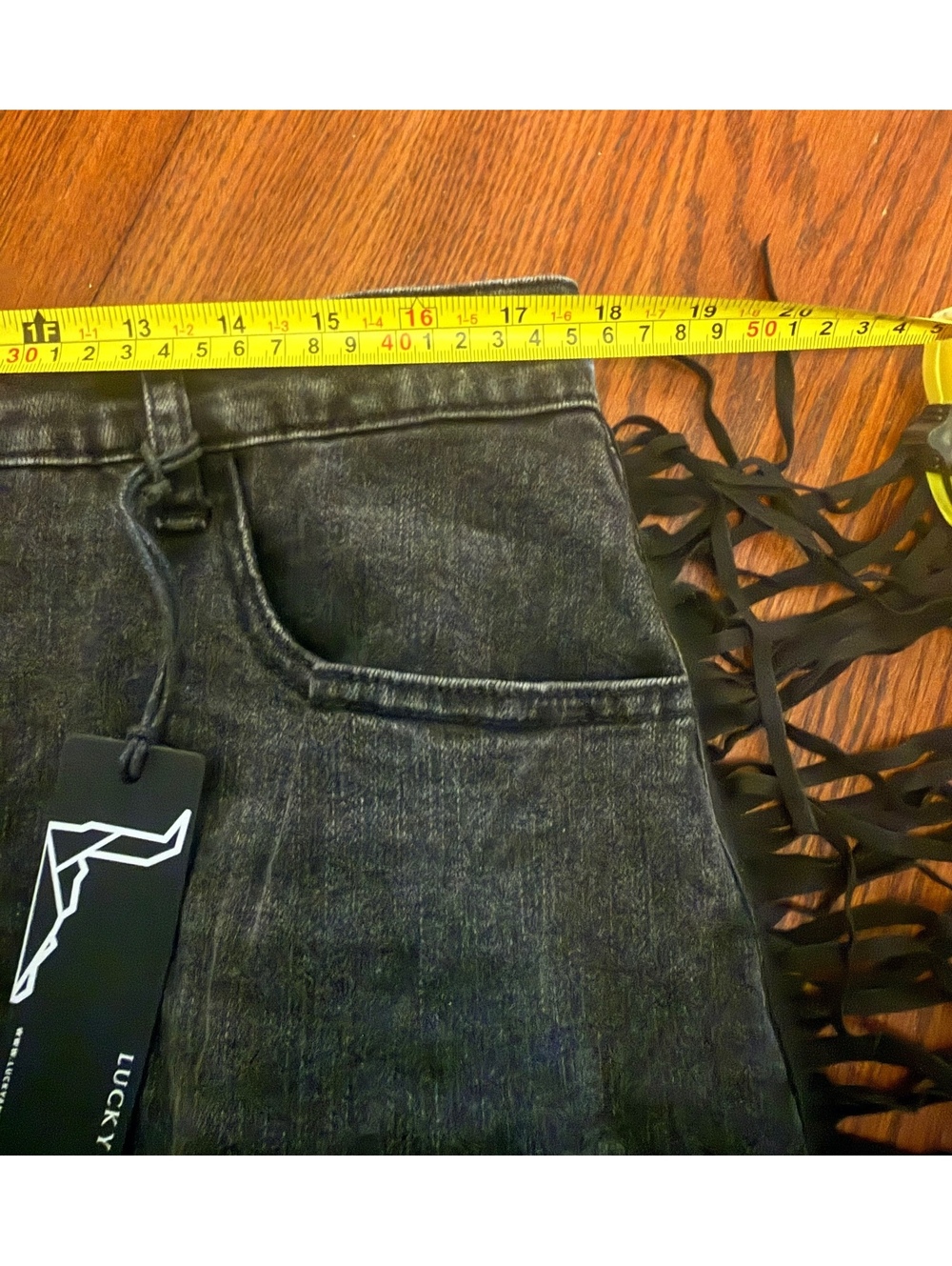 NWT Women’s Black Distressed Fringe Denim Jean Skirt XL Western Stretch - Picture 5 of 6